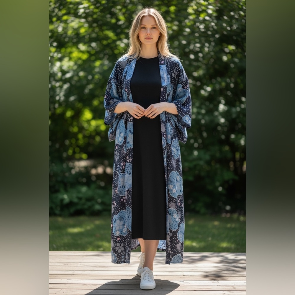 Vintage Kyoto Blue Floral Long Cotton Kimono